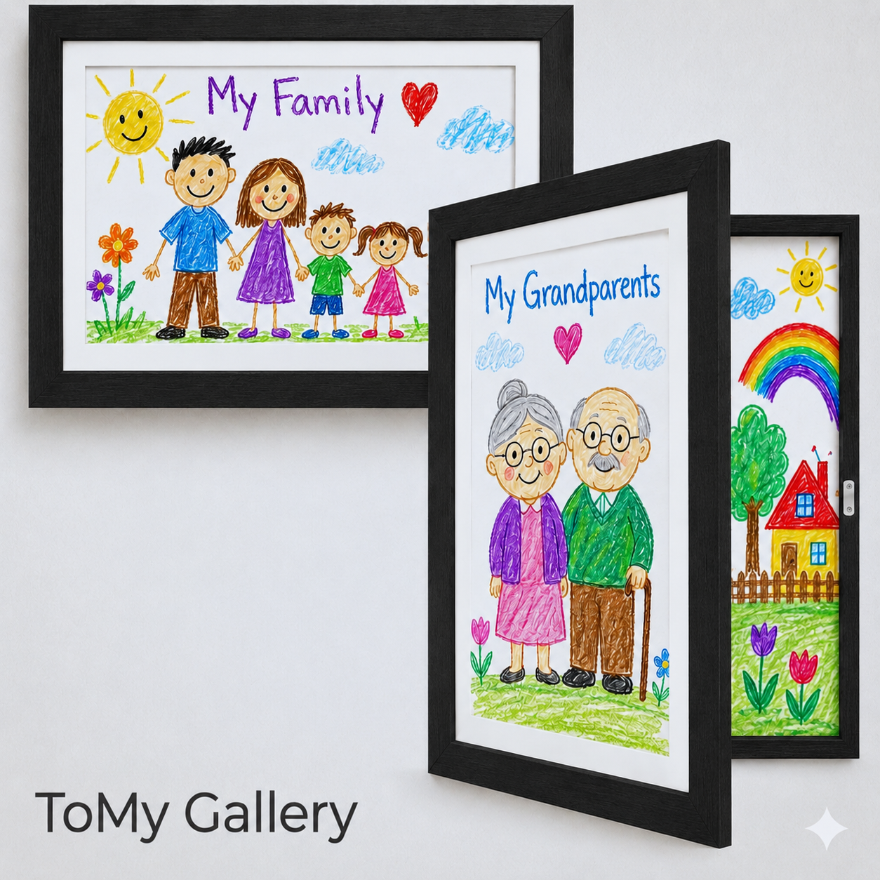 Familia usando marco ToMy Gallery para mostrar dibujos de sus hijos
